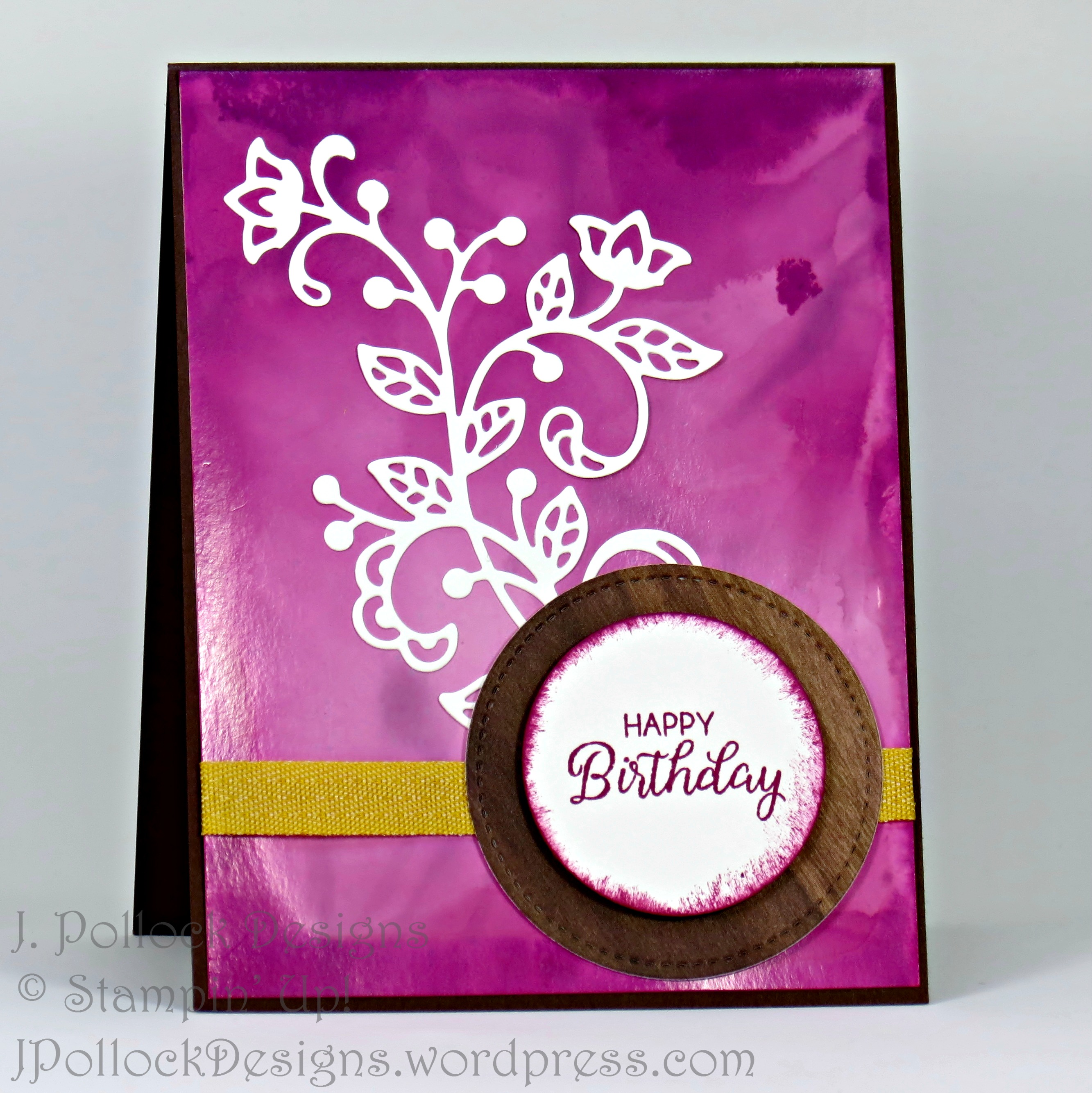 J. Pollock Designs - Stampin' Up! - Berry Burst, Glossy Cardstock, Wood Textures, Flourish Thinlets, Stitched Shapes